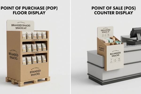 Kraft cardboard Point of Purchase (POP) floor display on a wooden pallet, featuring 'Branded Snacks Snack.at' in three tiers.