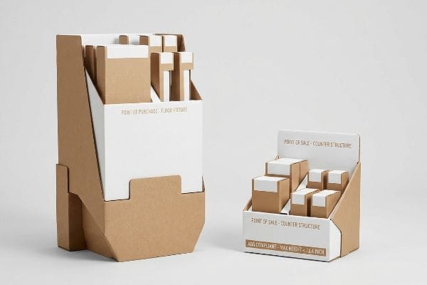 Tall brown cardboard Point Of Purchase Floor Fixture display with white panels, holding small brown boxes, on a clean white background.