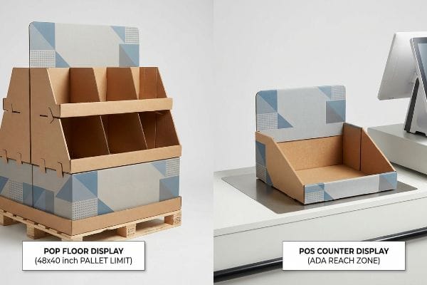 Brown cardboard POP Floor Display on a pallet (48x40 inch Pallet Limit) next to a POS Counter Display (Ada Reach Zone) with blue geometric patterns.