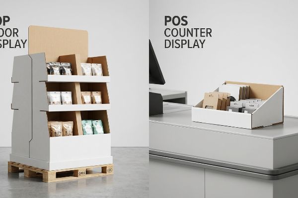 Display de chão em papelão branco e kraft sobre um palete GMA com produtos, ao lado de um display de balcão de ponto de venda repleto de diversos itens embalados.