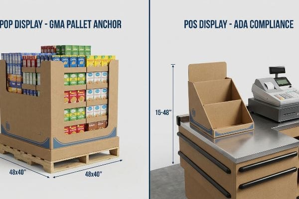 POP Pallet Display Cardboard Pop Display - Gma Pallet Anchor, filled with various product boxes, sits on a 48x40 inch wooden pallet, showcasing retail-ready packaging.
