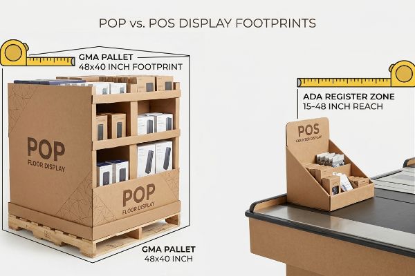 Corrugated POP Floor Display on a 48x40 inch GMA pallet contrasts with a POS Counter Display on a checkout counter, highlighting ADA 15-48 inch reach.