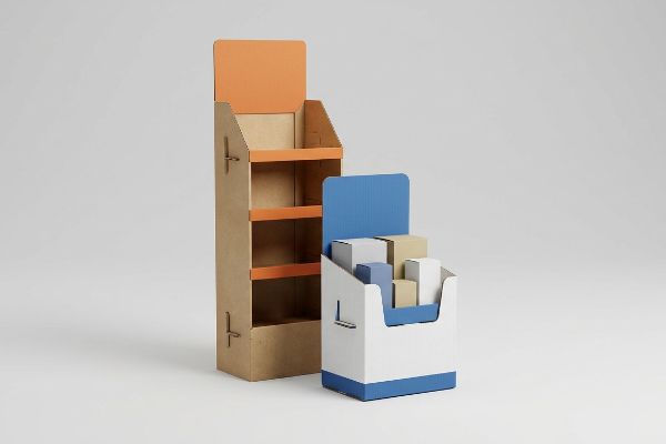 Two retail cardboard displays, a tall brown floor merchandiser with orange shelves and a smaller white and blue POS checkout unit holding small boxes.