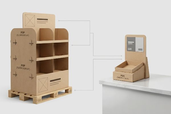 Brown corrugated cardboard Pop Floor Display on a pallet and a Pos Checkout Unit on a counter, illustrating distinct retail merchandising zones.