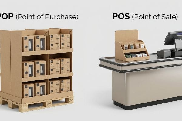 Cardboard POP (Point of Purchase) pallet display with products and a POS (Point of Sale) counter unit with small displays at a checkout register.