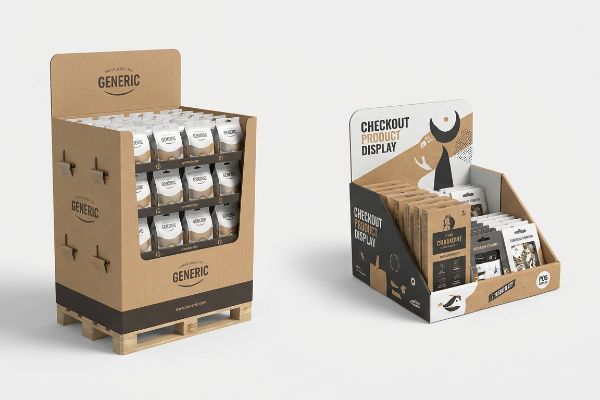 Two cardboard retail displays: a large floor pallet unit with 'Generic' products and a smaller 'Checkout Product Display' Point Of Sale unit.