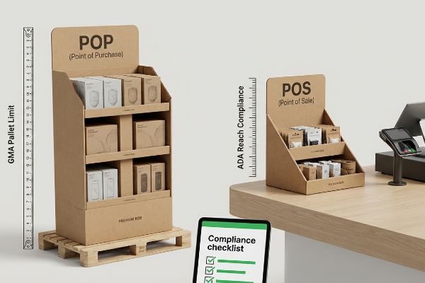 Cardboard Pop merchandiser with Gma Pallet Limit ruler and Pos counter unit with Ada Reach Compliance ruler, next to a tablet showing a compliance checklist.
