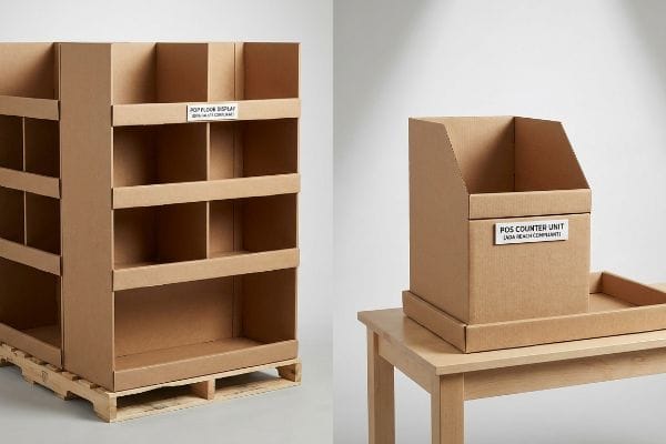Natural brown corrugated cardboard POP Floor Display on a pallet, GMA Pallet Compliant, beside a POS Counter Unit on a table, Ada Reach Compliant.
