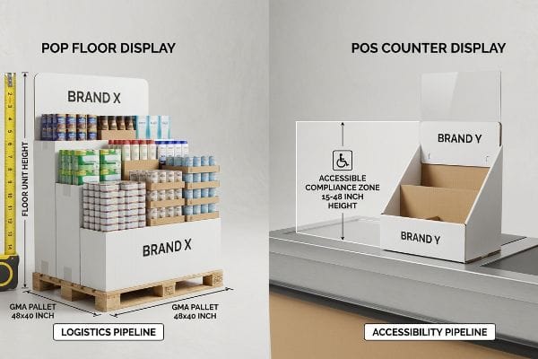 A POP Floor Display for Brand X on GMA Pallets (48x40 inch) contrasts with a POS Counter Display for Brand Y, highlighting an Accessible Compliance Zone (15-48 inch height).