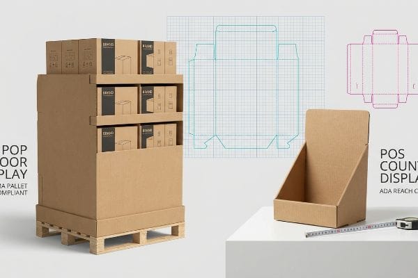 Pop Pos Dieline Displays Corrugated Pop Floor and Pos Counter Displays, Brand boxes, pallet, dieline diagrams, retail compliant.