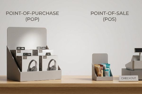 Deux présentoirs en carton distincts illustrent la différence entre le point de vente (PLV) avec des écouteurs et le point de vente (PV) avec des barres de collations à une caisse.