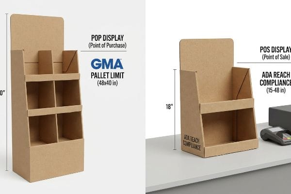 Présentoir PLV en carton naturel, 60 pouces de haut, avec limite de palette GMA (48x40 pouces), à côté d'un présentoir PLV de 18 pouces conforme à la norme ADA Reach (15-48 pouces).