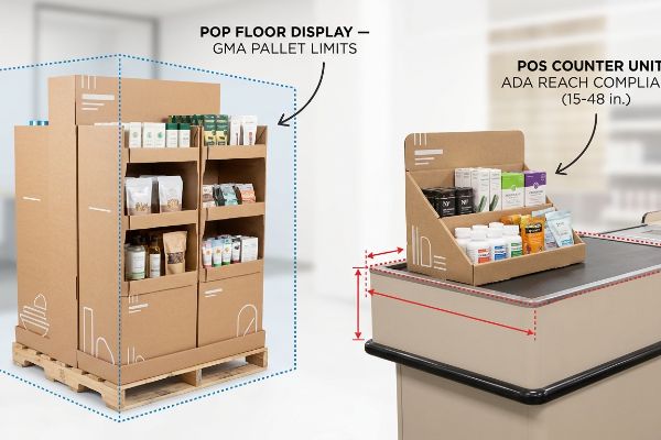 Corrugated cardboard displays feature a Pop Floor Display adhering to Gma Pallet Limits and a Pos Counter Unit compliant with Ada Reach (15-48 in).