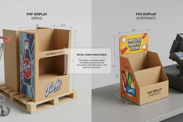 Kraft cardboard Pop Display (Aisle) for FüRKE BREEZE and Pos Display (Checkout) for Impulse Snacks Items, with retail dimensions.