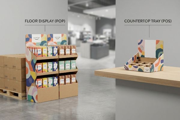 Colorful cardboard Floor Display (POP) merchandiser with products and an empty Countertop Tray (POS).
