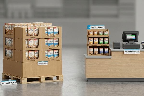 POP vs POS Displays Cardboard POP Aisle Zone (GMA) pallet display with cereal boxes, contrasting with a POS Checkout Zone (ADA) counter display.