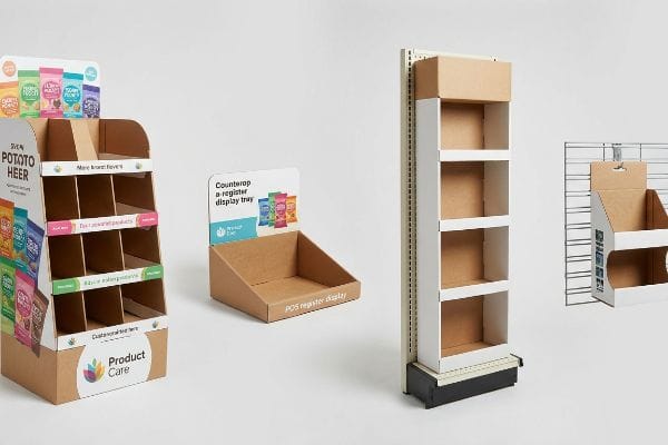 Retail Display Units Corrugated cardboard displays featuring a multi-tiered Pototo Heer POP floor unit, a Product Care POS countertop tray, a white-shelved end-cap, and a hanging grid-wall sidekick.