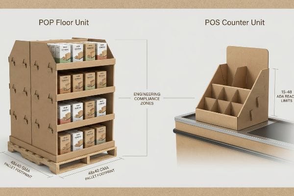 Unité de plancher en carton et unité de comptoir de point de vente illustrant les zones de conformité technique, l'empreinte au sol de la palette Gma de 48x40 et les limites de portée ADA de 15 à 48.