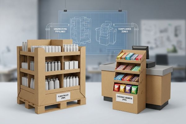 Corrugated cardboard floor pallet (POP) and checkout counter (POS) displays, with blueprint overlays for Engineering Pipelines and Compliance Zones.