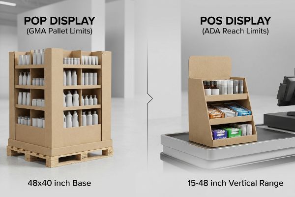 Pop Display (GMA Pallet Limits) 48x40 base vs. Pos Display (ADA Reach Limits) 15-48 vertical range.