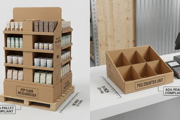 Deux présentoirs en carton kraft : un présentoir de sol PLV à plusieurs étagères (48 pouces, conforme aux normes GMA) et un comptoir de point de vente à six compartiments (15 pouces, conforme aux normes ADA).