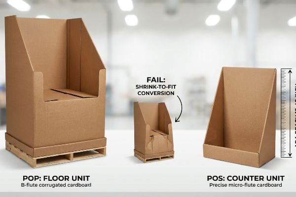 Corrugated cardboard displays: a B-flute POP Floor Unit, a failed Shrink-to-Fit Conversion, and a micro-flute POS Counter Unit with ADA 15-48 Inch reach.
