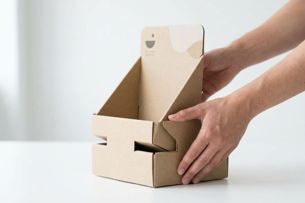 Kraft paperboard retail display being assembled by hands, showcasing its simple pop-up auto-locking mechanism.
