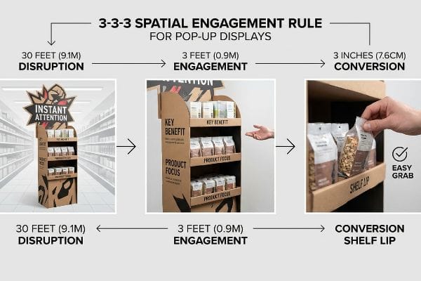 Infographie sur présentoir pop-up en carton détaillant la règle d'engagement spatial 3-3-3 : perturbation de 30 pieds, engagement de 3 pieds et conversion de 3 pouces avec sacs de produits.