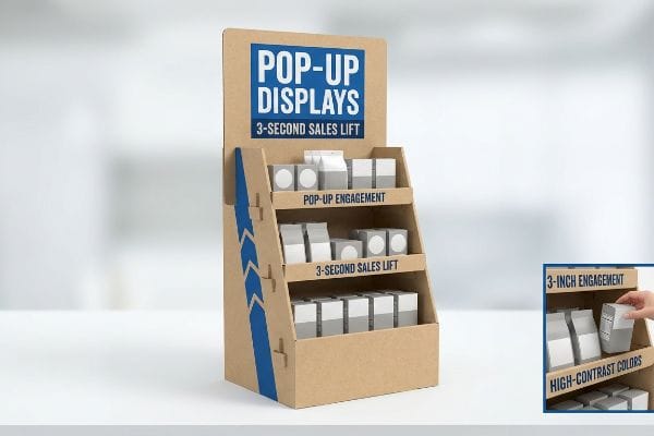 Pop-Up Display Sales Lift Brown cardboard pop-up display for retail, highlighting 'Pop-Up Displays', '3-Second Sales Lift', and 'Pop-Up Engagement' with product boxes.