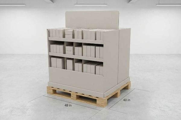 A beige POP-up display unit, filled with small boxes, sits on a 48x40 inch GMA pallet in a warehouse.