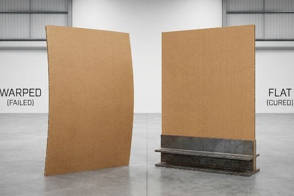 A Warped (Failed) corrugated structural panel contrasts with a Flat (Cured) panel, illustrating proper litho-lamination curing.