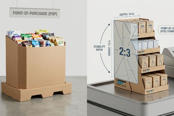 Corrugated cardboard Point-of-Purchase (POP) dump bin and Point-of-Sale (POS) counter display illustrating the 2:3 depth-to-height stability ratio.