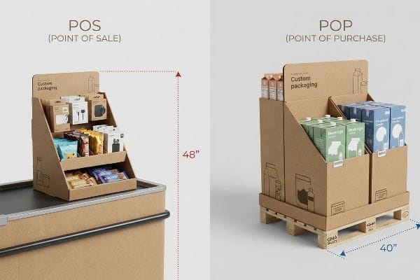POS countertop display (48") for snacks and POP floor display (40") on GMA pallet for custom beverage packaging.