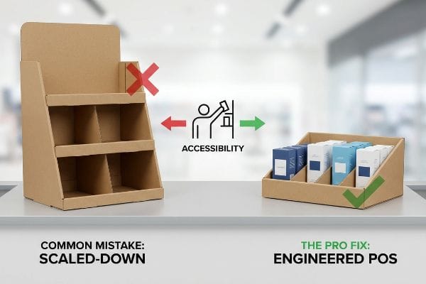 Brown cardboard POS displays: 'Scaled-Down' (red X) vs. 'Engineered POS' (green checkmark), demonstrating retail accessibility compliance.