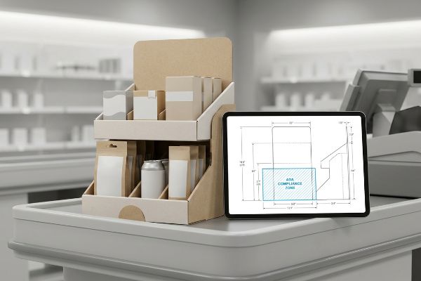 Cardboard POS display on a retail counter, beside a tablet showing a display dieline with an Ada Compliance Zone.