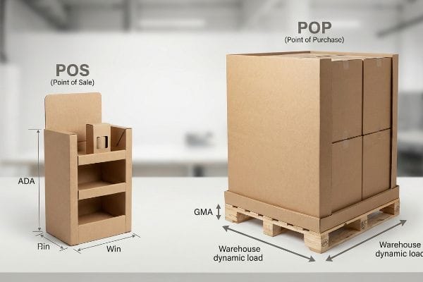 Exhibidor de cartón para punto de venta (POS) con dimensiones ADA, Rin, Win y unidad paletizada para punto de compra (POP) con GMA, carga dinámica de almacén.