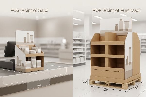 Cardboard POS display on counter, ADA zone. Contrasting POP floor display on GMA pallet, 30-inch dimensions.