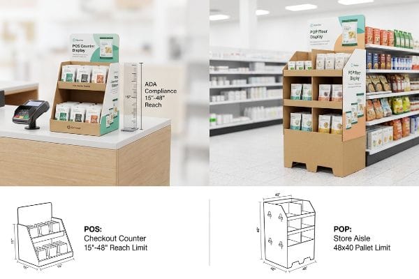 Cardboard POS counter display on a checkout counter, showing 'ADA Compliance 15