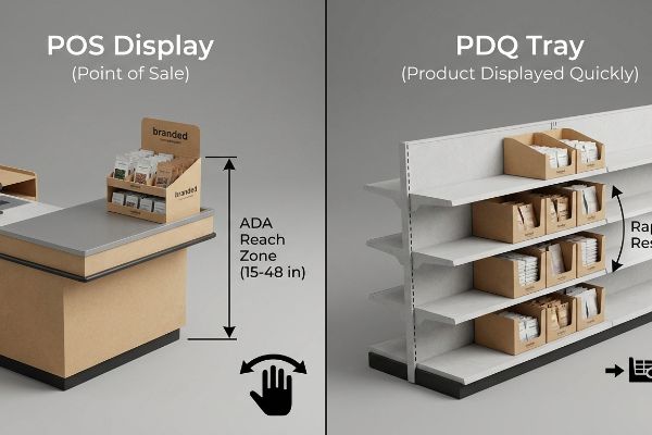 Branded kraft cardboard POS display on checkout counter with ADA Reach Zone (15-48 in) versus PDQ trays on retail gondola shelves for rapid restocking.