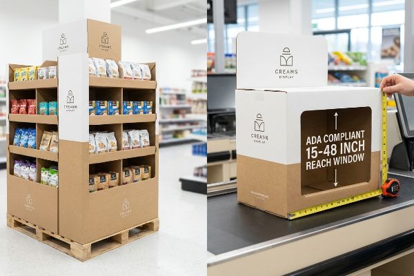 Cardboard Creams Display POP floor unit and POS counter display measured for ADA Compliant 15-48 Inch Reach Window.
