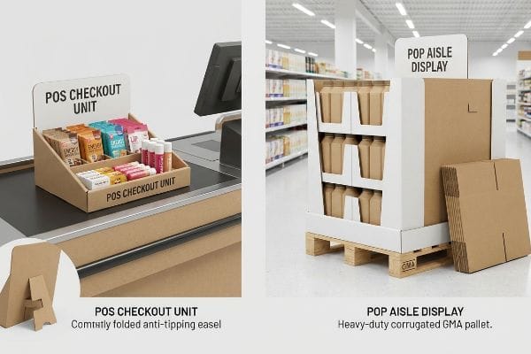 Brown corrugated POS Checkout Unit display with an anti-tipping easel, holding impulse snacks and lip balms on a retail checkout counter.