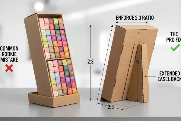 Cardboard POS displays show Common Rookie Mistake vs. The Pro Fix, detailing Extended Easel Back and Enforce 2:3 Ratio.