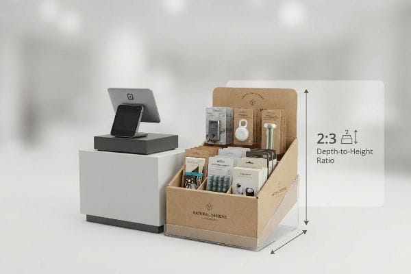 Présentoir de point de vente en carton kraft de Natural Designs, présentant des articles d'achat impulsif à côté d'un terminal Square, mettant en évidence le rapport profondeur/hauteur de 2:3.