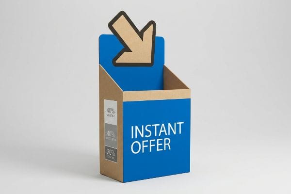 Kraft cardboard POS display featuring a blue panel with "Instant Offer" and a die-cut arrow, illustrating the 40-40-20 rule.