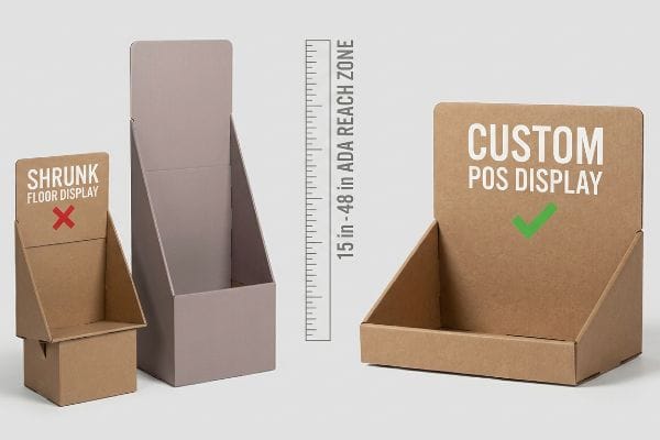 Corrugated cardboard POS displays contrasting a Shrunk Floor Display (X) with a Custom POS Display (✓), highlighting the 15-48 inch ADA Reach Zone.