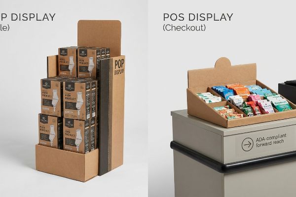 Brown corrugated POP Display (Aisle) with product boxes and a shallow POS Display (Checkout) on an ADA-compliant forward reach counter.
