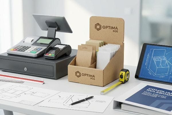 Cardboard Optima POS checkout display and POS system on a desk with a tape measure, blueprint, and Compliance Rulebook for ADA Standards.