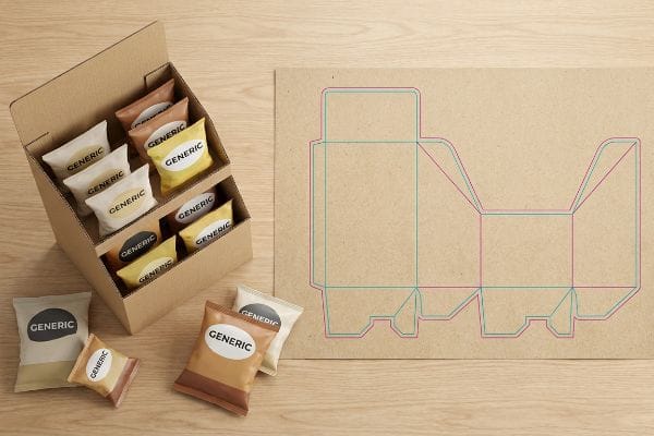 Dans un point de vente, on aperçoit une boîte de présentation en carton brun remplie de produits multicolores