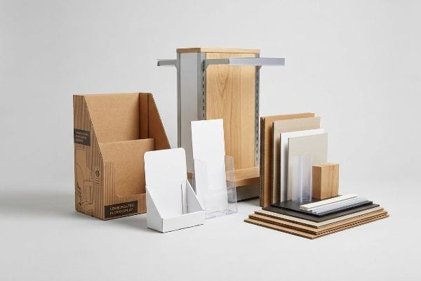 An assortment of point of sale display materials, featuring corrugated cardboard, paperboard, clear acrylic, wood, and metal shelving, including a London Gate Floor Display box.