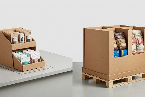 Présentoir de comptoir en carton ondulé brun avec petits produits, et grand présentoir sur palette en bois avec des sacs Hershey's et Wilderness.